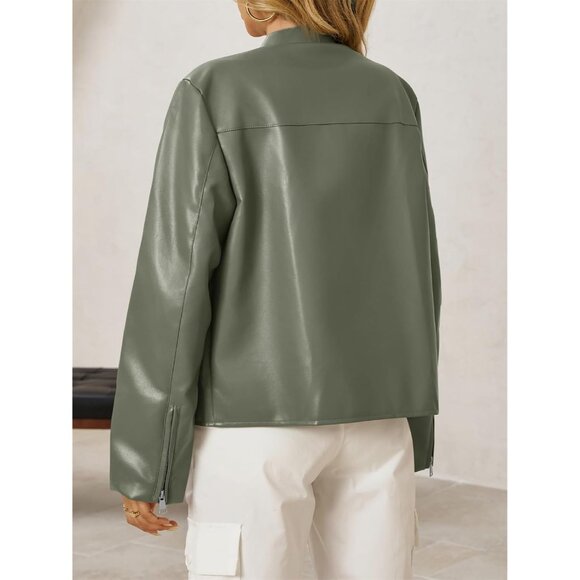 Women's Army Green Faux Leather Zip Up Moto Biker Y2K Racing Bomber Jackets - Picture 5 of 7
